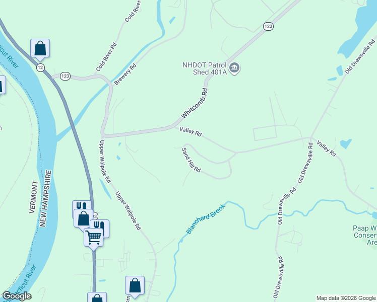 map of restaurants, bars, coffee shops, grocery stores, and more near 63 Sand Hill Road in Walpole