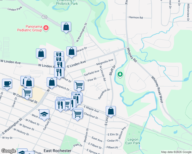 map of restaurants, bars, coffee shops, grocery stores, and more near 119 Pine Street in East Rochester