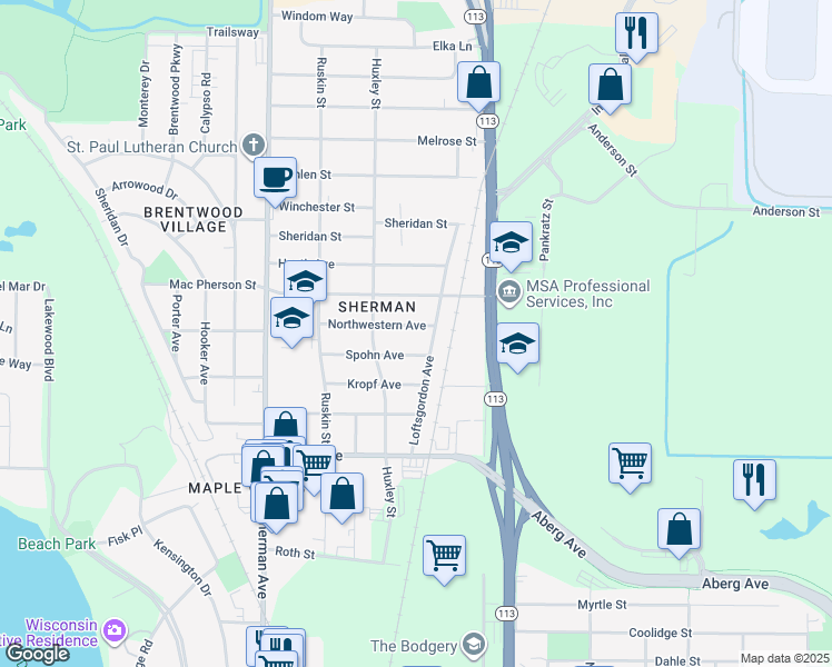 map of restaurants, bars, coffee shops, grocery stores, and more near 1941 Northwestern Avenue in Madison