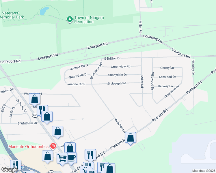 map of restaurants, bars, coffee shops, grocery stores, and more near 7391 Saint Joseph Road in Niagara Falls