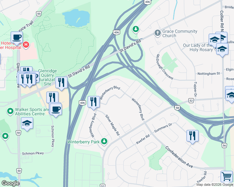 map of restaurants, bars, coffee shops, grocery stores, and more near in Thorold