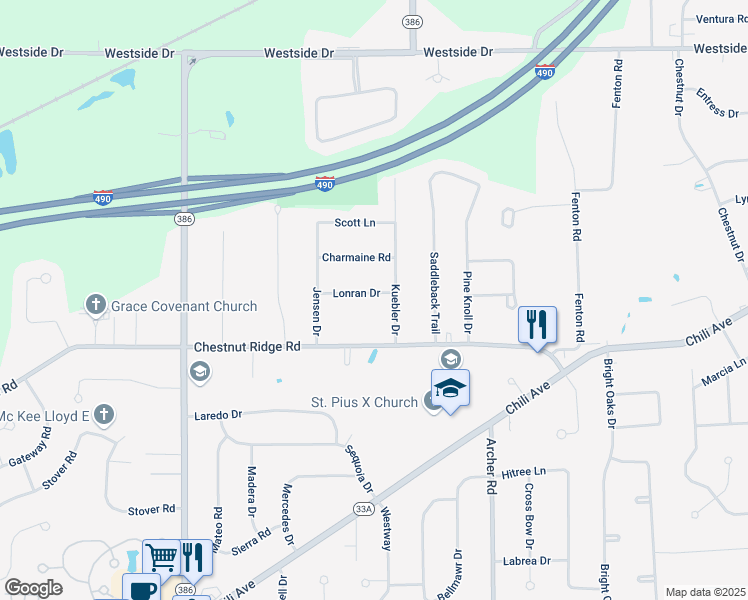 map of restaurants, bars, coffee shops, grocery stores, and more near 17 Lonran Drive in Rochester
