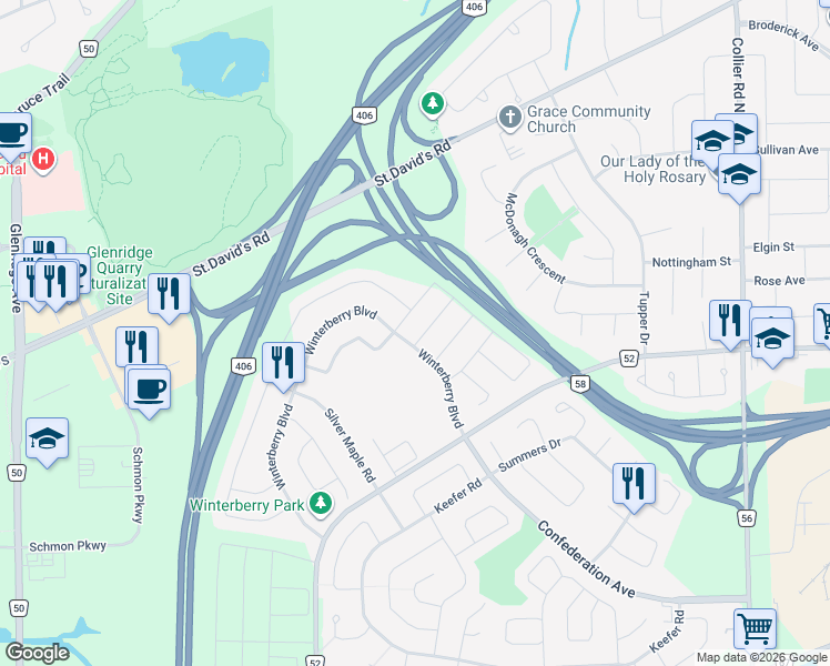 map of restaurants, bars, coffee shops, grocery stores, and more near 126 Winterberry Boulevard in Thorold