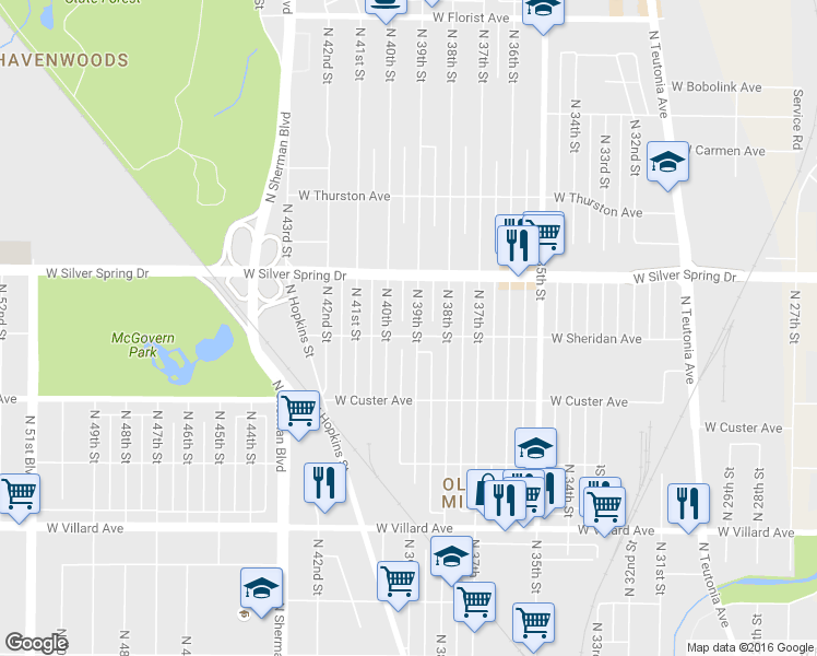 map of restaurants, bars, coffee shops, grocery stores, and more near 3906 W Sheridan Ave in Milwaukee