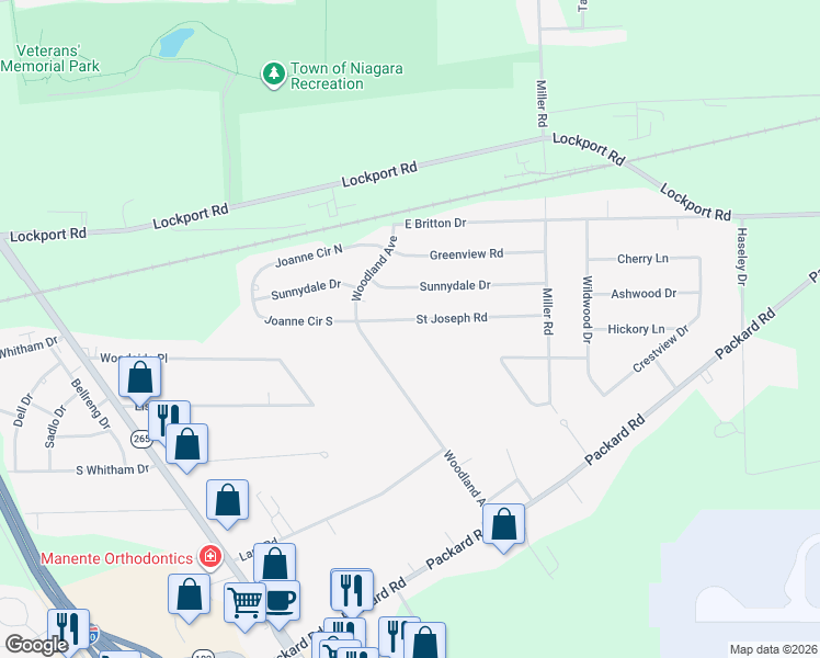map of restaurants, bars, coffee shops, grocery stores, and more near 7391 Saint Joseph Road in Niagara Falls