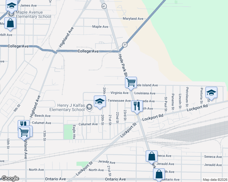 map of restaurants, bars, coffee shops, grocery stores, and more near 2033 Virginia Avenue in Niagara Falls