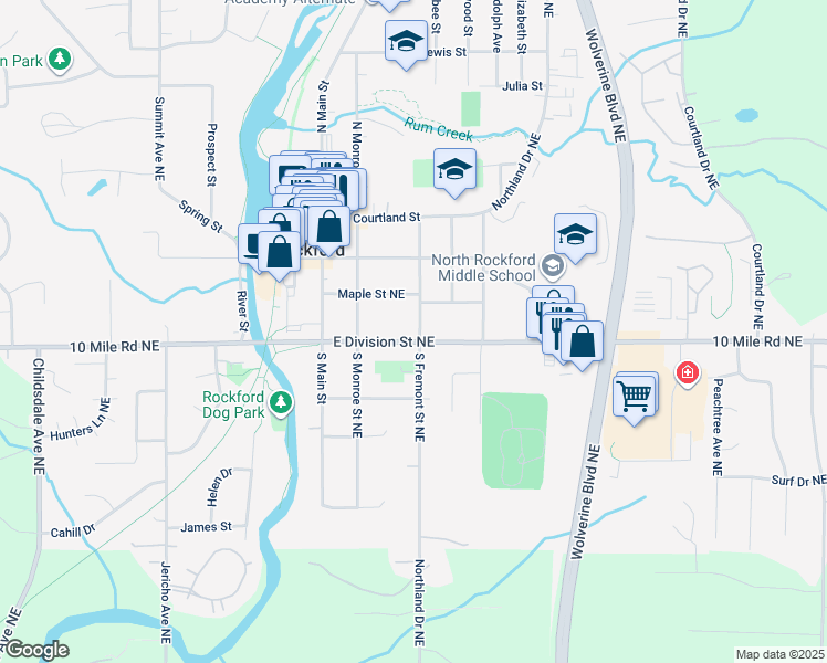 map of restaurants, bars, coffee shops, grocery stores, and more near 78 South Fremont Street Northeast in Rockford