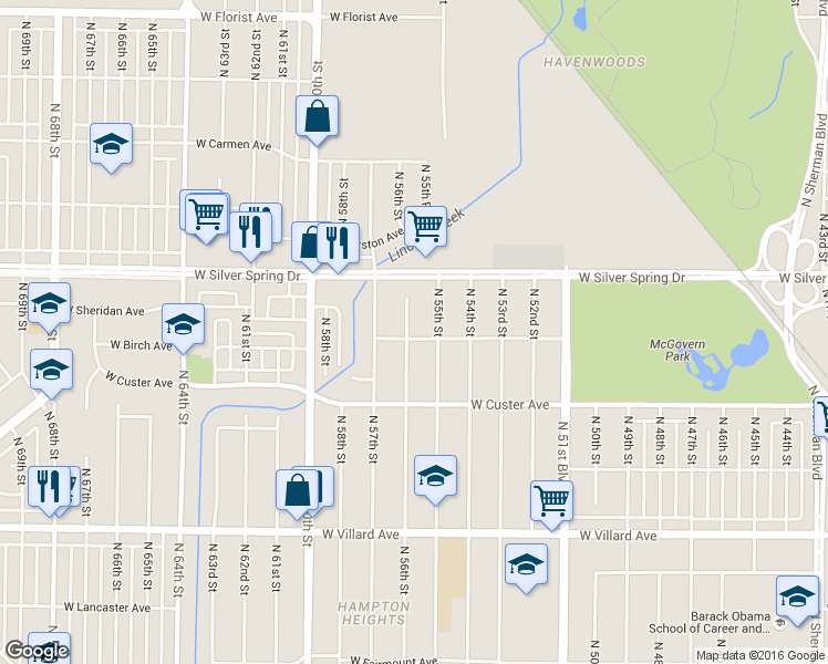 map of restaurants, bars, coffee shops, grocery stores, and more near 5479 North 56th Street in Milwaukee