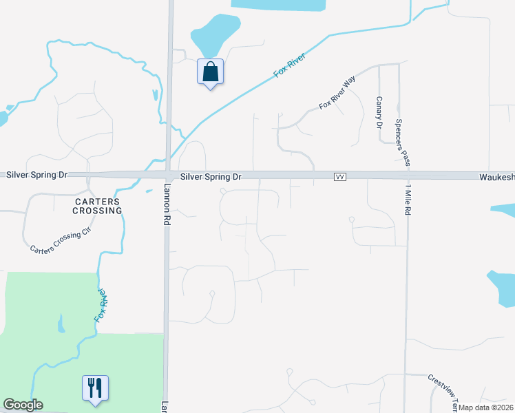 map of restaurants, bars, coffee shops, grocery stores, and more near n56w19901 Silver Spring Drive in Menomonee Falls