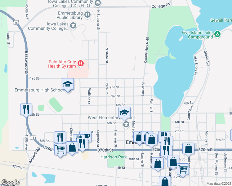 map of restaurants, bars, coffee shops, grocery stores, and more near in Emmetsburg