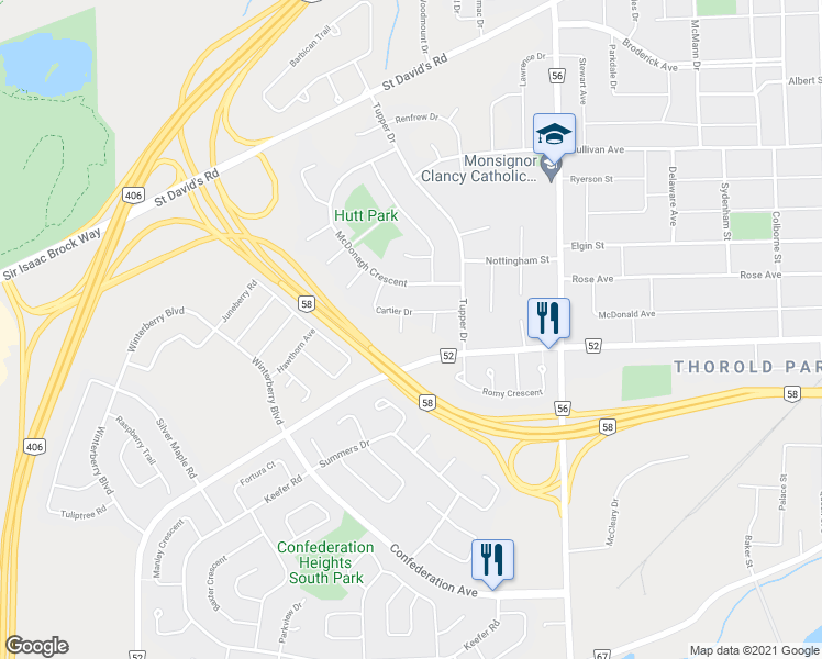 map of restaurants, bars, coffee shops, grocery stores, and more near 8 Grenville Crescent in Thorold