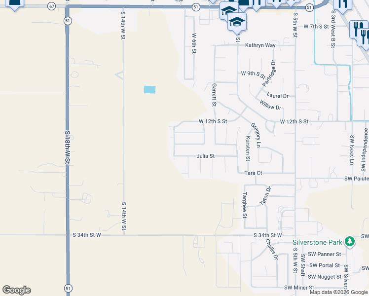 map of restaurants, bars, coffee shops, grocery stores, and more near 1105 Julia Street in Mountain Home