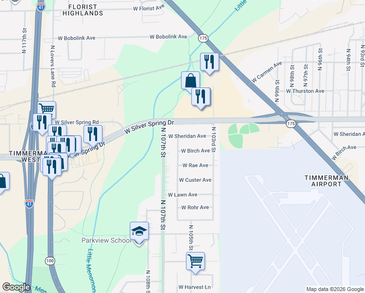 map of restaurants, bars, coffee shops, grocery stores, and more near 10524 West Birch Avenue in Milwaukee