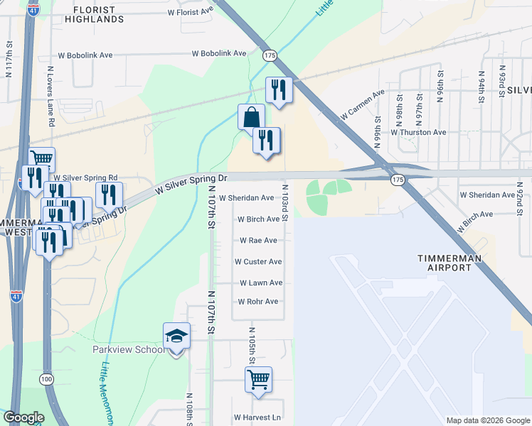 map of restaurants, bars, coffee shops, grocery stores, and more near 10412 W Birch Ave in Milwaukee