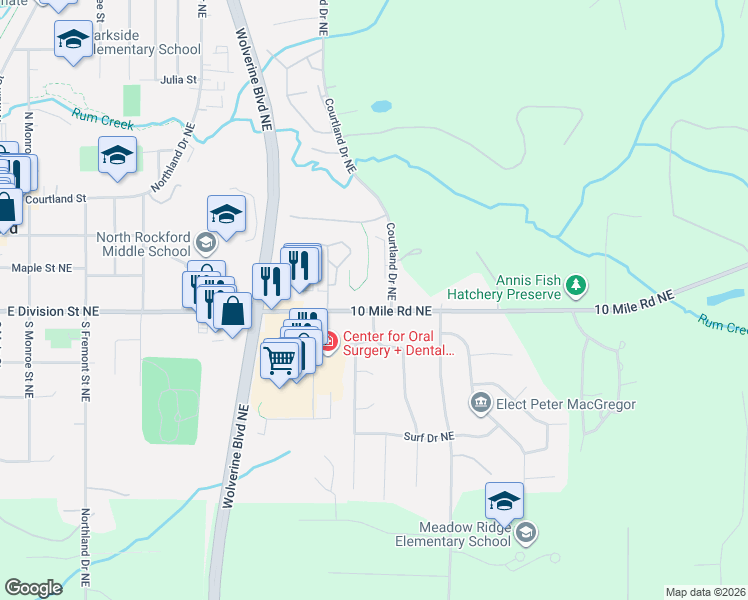 map of restaurants, bars, coffee shops, grocery stores, and more near 5085 10 Mile Road Northeast in Rockford