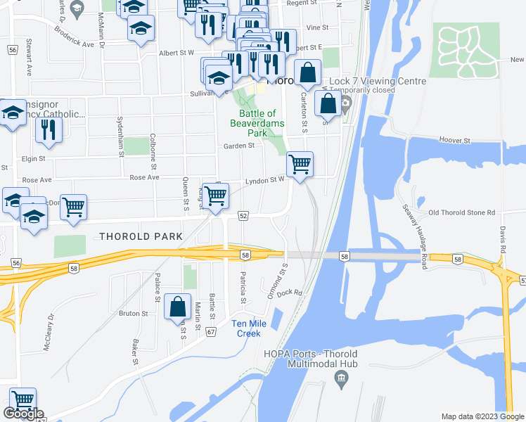map of restaurants, bars, coffee shops, grocery stores, and more near 4 Richmond Street in Thorold