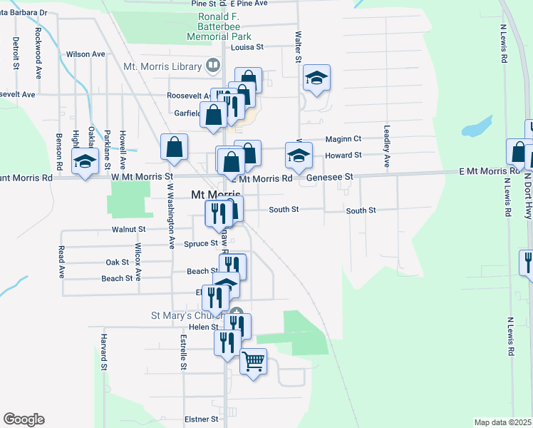 map of restaurants, bars, coffee shops, grocery stores, and more near 11613 Church Street in Mount Morris