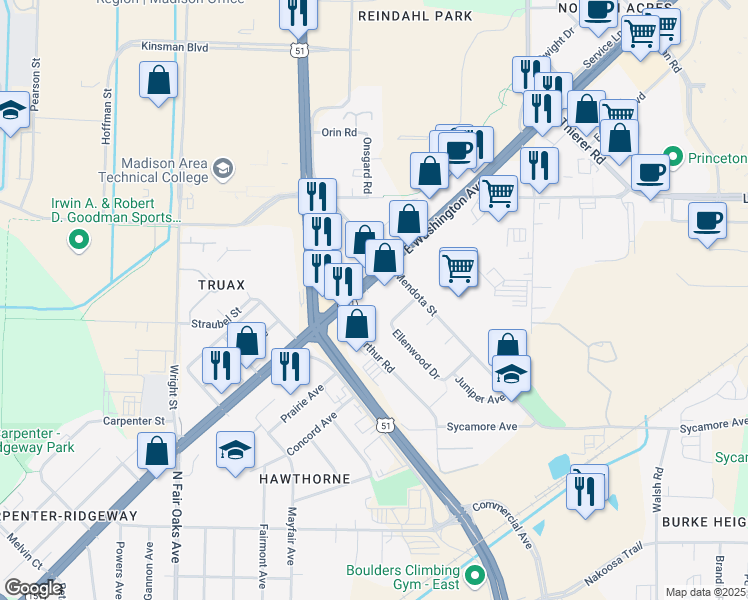 map of restaurants, bars, coffee shops, grocery stores, and more near 3737 East Washington Avenue in Madison