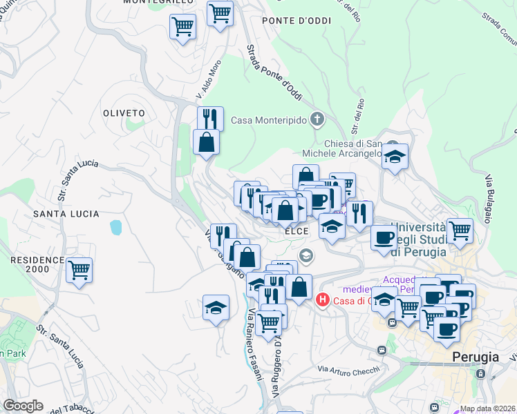 map of restaurants, bars, coffee shops, grocery stores, and more near 109 Via Annibale Vecchi in Perugia