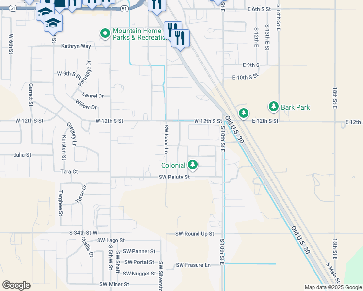 map of restaurants, bars, coffee shops, grocery stores, and more near 1010 Southwest Colonial in Mountain Home