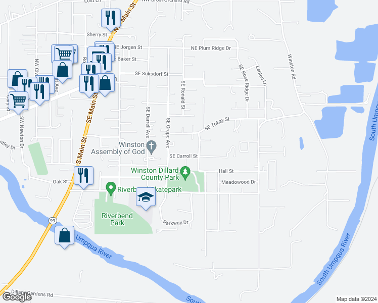 map of restaurants, bars, coffee shops, grocery stores, and more near 391 Southeast Carroll Street in Winston