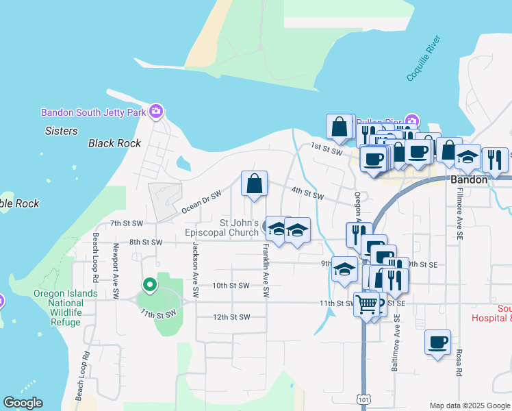 map of restaurants, bars, coffee shops, grocery stores, and more near 645 Bluff Avenue Southwest in Bandon