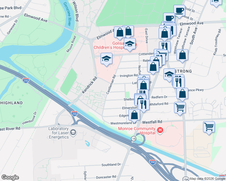 map of restaurants, bars, coffee shops, grocery stores, and more near 65 Stanford Road West in Rochester