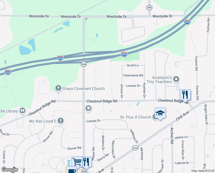 map of restaurants, bars, coffee shops, grocery stores, and more near 9 Yolanda Drive in Rochester