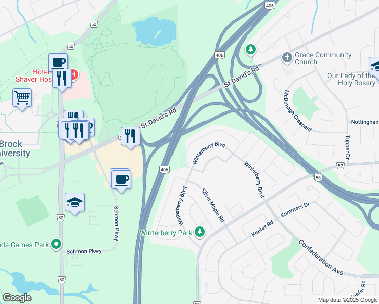 map of restaurants, bars, coffee shops, grocery stores, and more near 175 Winterberry Boulevard in Thorold