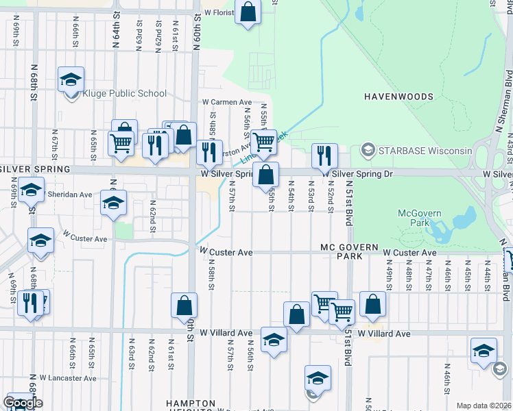 map of restaurants, bars, coffee shops, grocery stores, and more near 5479 North 56th Street in Milwaukee