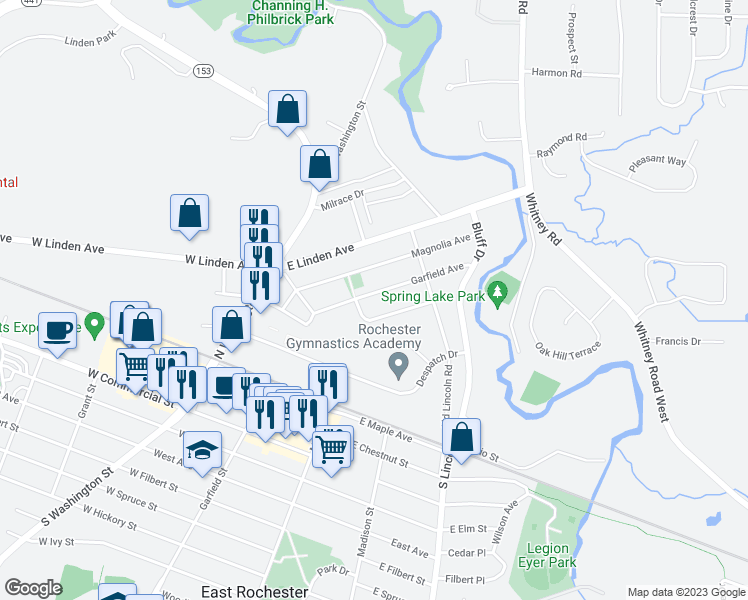 map of restaurants, bars, coffee shops, grocery stores, and more near 310 Garfield Avenue in East Rochester
