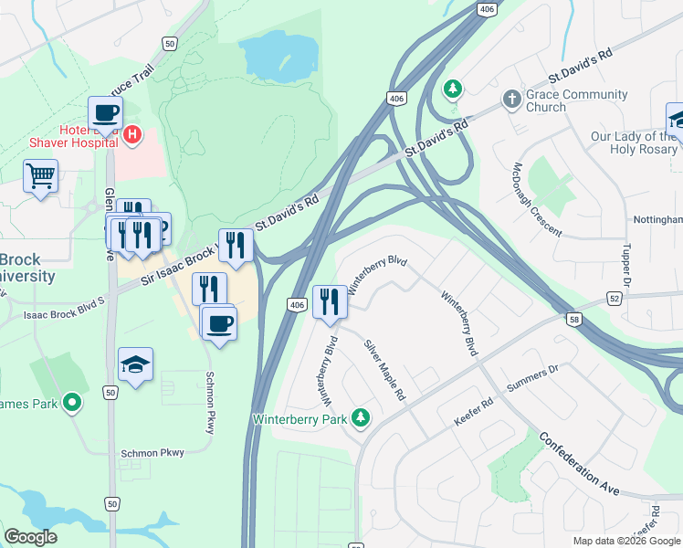 map of restaurants, bars, coffee shops, grocery stores, and more near 146 Bur Oak Drive in Thorold