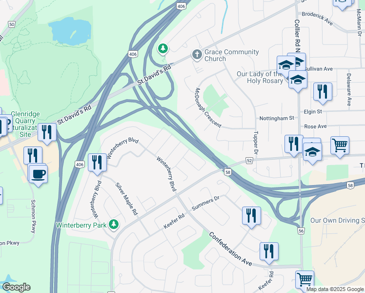 map of restaurants, bars, coffee shops, grocery stores, and more near 86 Juneberry Road in Thorold