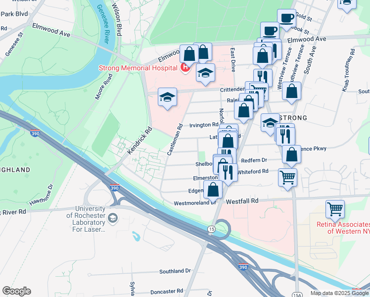 map of restaurants, bars, coffee shops, grocery stores, and more near 9 Stanford Road West in Rochester