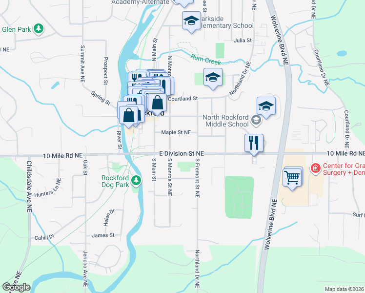 map of restaurants, bars, coffee shops, grocery stores, and more near 165 East Division Street Northeast in Rockford