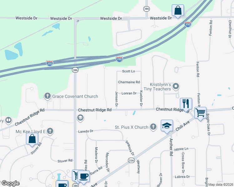 map of restaurants, bars, coffee shops, grocery stores, and more near 23 Jensen Drive in Rochester