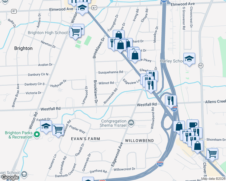map of restaurants, bars, coffee shops, grocery stores, and more near 172 Roosevelt Road in Rochester