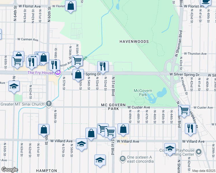 map of restaurants, bars, coffee shops, grocery stores, and more near 5477 North 51st Boulevard in Milwaukee