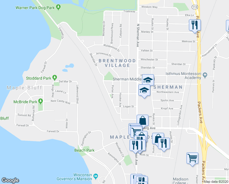 map of restaurants, bars, coffee shops, grocery stores, and more near 1609 Porter Avenue in Madison