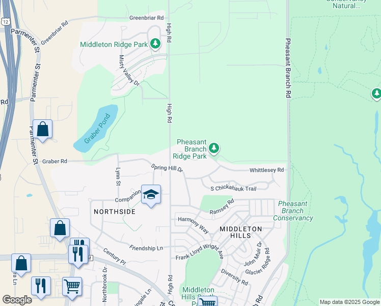 map of restaurants, bars, coffee shops, grocery stores, and more near 3815 Manito Court in Middleton