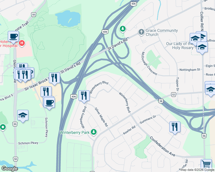 map of restaurants, bars, coffee shops, grocery stores, and more near 146 Winterberry Boulevard in Thorold
