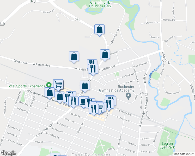 map of restaurants, bars, coffee shops, grocery stores, and more near 105 Magnolia Avenue in East Rochester