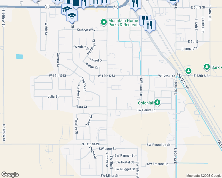 map of restaurants, bars, coffee shops, grocery stores, and more near 1340 South 5th West Street in Mountain Home
