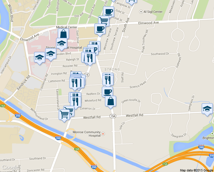 map of restaurants, bars, coffee shops, grocery stores, and more near 203 East Henrietta Road in Rochester