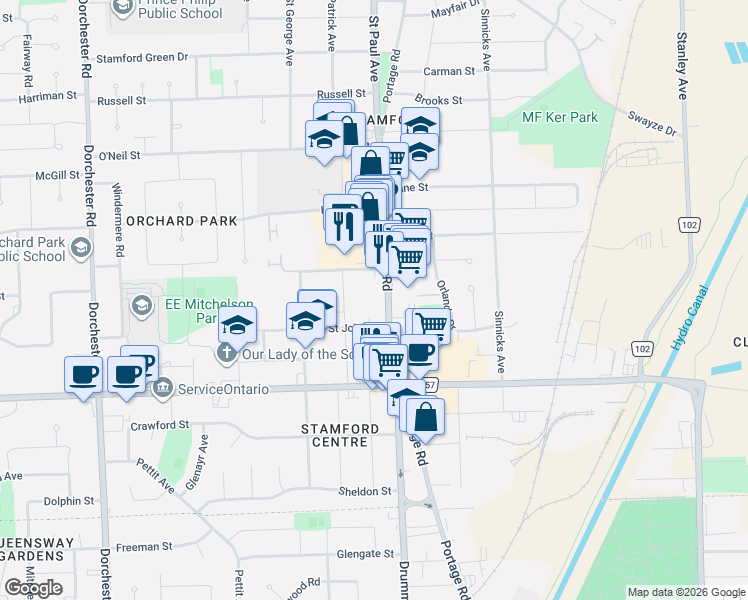 map of restaurants, bars, coffee shops, grocery stores, and more near 6249 Saint John Street in Niagara Falls
