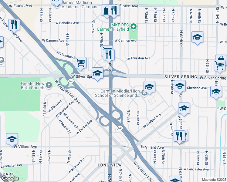 map of restaurants, bars, coffee shops, grocery stores, and more near 5477 North 75th Court in Milwaukee