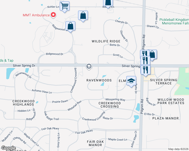 map of restaurants, bars, coffee shops, grocery stores, and more near W162N5516 Westwind Drive in Menomonee Falls