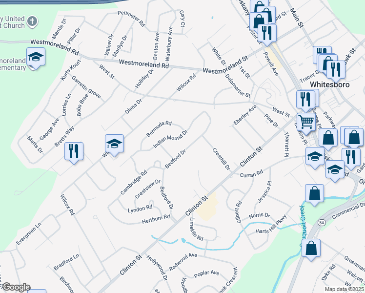 map of restaurants, bars, coffee shops, grocery stores, and more near 73 Bedford Drive in Whitesboro