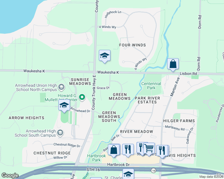 map of restaurants, bars, coffee shops, grocery stores, and more near W298N5477 Green Briar Drive in Hartland