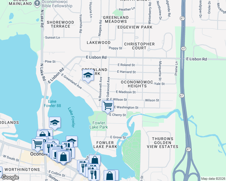 map of restaurants, bars, coffee shops, grocery stores, and more near 630 East Wilson Street in Oconomowoc